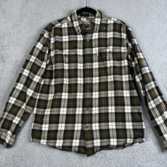 Carhartt Flannel Shirt Men Large Green Plaid Relaxed Button Workwear SPOTS PAINT - Picture 4 of 16